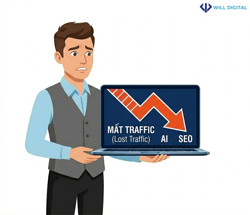 Nhân vật nam công sở hoạt họa chỉ vào biểu đồ mất traffic do AI trong SEO.