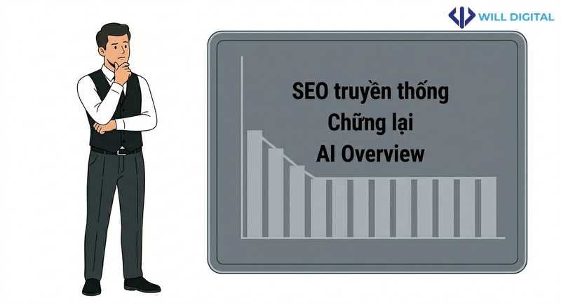 Nhân vật nữ công sở hoạt họa suy nghĩ về sự chững lại của SEO truyền thống.
