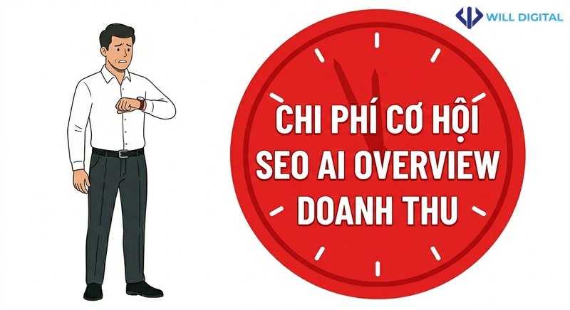 Nhân vật nữ công sở hoạt họa lo lắng về chi phí cơ hội SEO AI Overview.