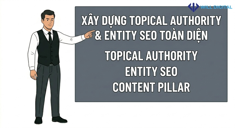 Nhân vật nam chỉ vào biểu đồ với các từ khóa Topical Authority và Entity SEO